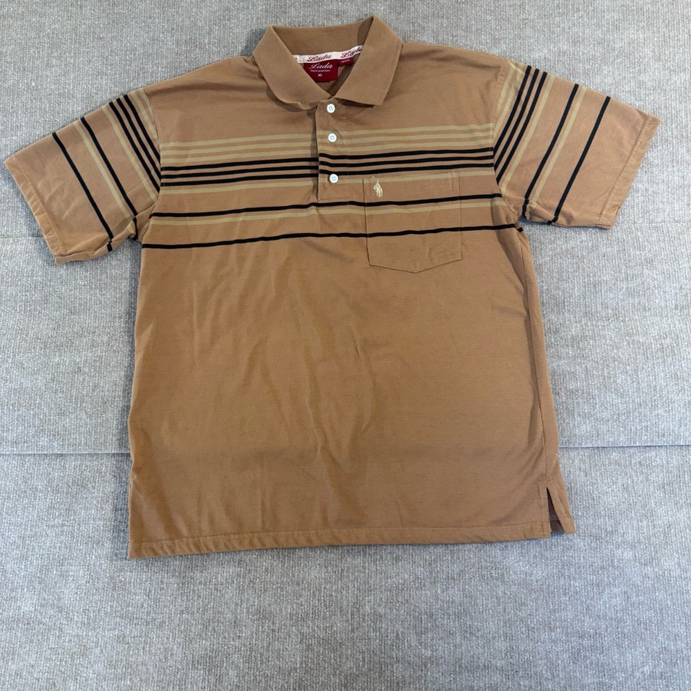 Men’s Lada Short Sleeve Striped Polo Shirt SZ L Tan Brown Casual Comfort